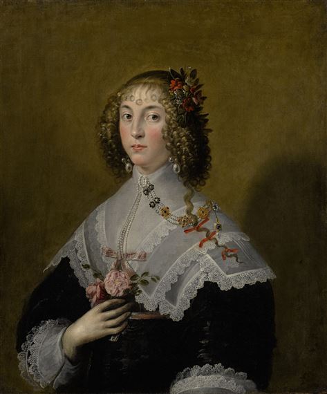 PORTRAIT OF A LADY, HALF-LENGTH, WEARING A BLACK DRESS WITH BROAD LACE COLLAR, PEARLS, HAIR RIBBONS, AND HOLDING A BOUQUET OF ROSES by Edward Bower