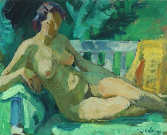 Nude woman on a bench in the green by Robert Leepin