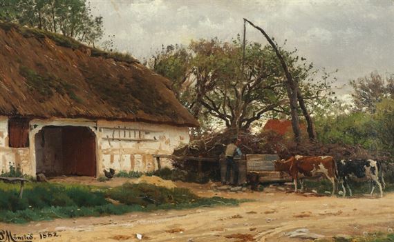 Farmhouse exterior with a farmer feeding his cattle by Peder Mork Monsted, 1882