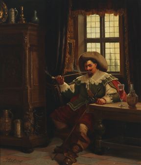 A historical figure in a hat sits by a window, holding a pipe and resting near a table with a glass of red liquid.
