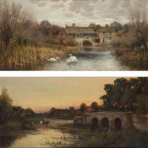 Two Works: Swans by a Cottage; Footbridge at Sunset by Marmaduke A. Langdale, 1890