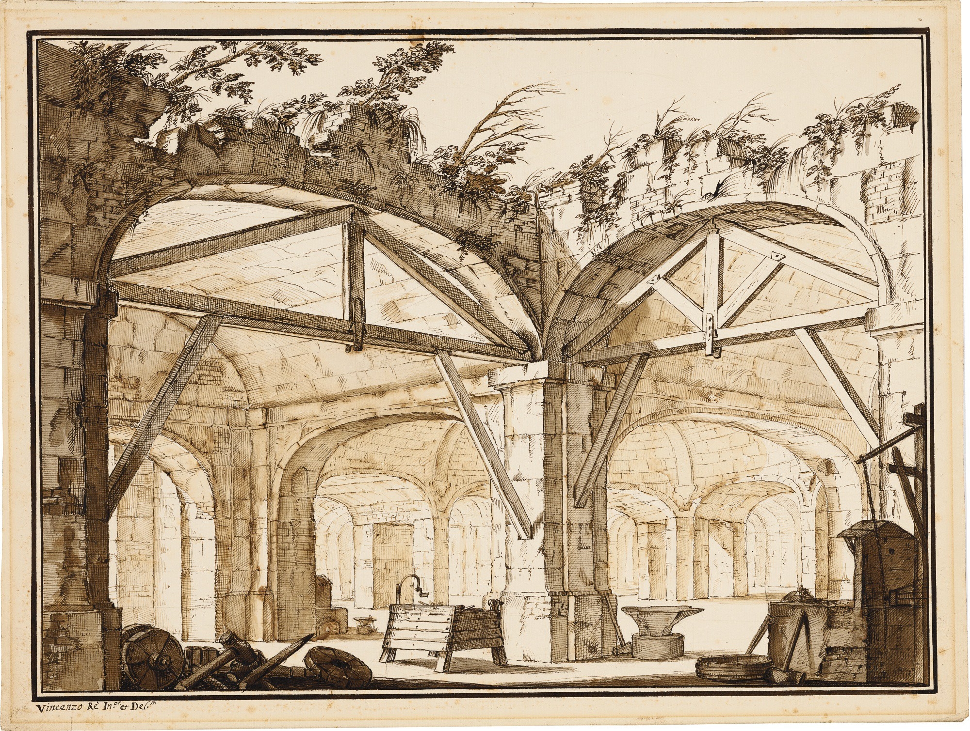 Artwork by Vincenzo Dal Re, TWO STAGE DESIGNS: A) GALLEONS AT ANCHOR NEAR A TOWER B) A SMITHY IN THE RUINS OF A CELLAR, Made of Pen and brown ink and gray wash over black chalk