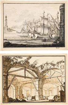 TWO STAGE DESIGNS: A) GALLEONS AT ANCHOR NEAR A TOWER B) A SMITHY IN THE RUINS OF A CELLAR - Vincenzo Dal Re