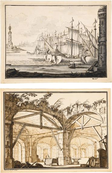 TWO STAGE DESIGNS: A) GALLEONS AT ANCHOR NEAR A TOWER B) A SMITHY IN THE RUINS OF A CELLAR - Vincenzo Dal Re