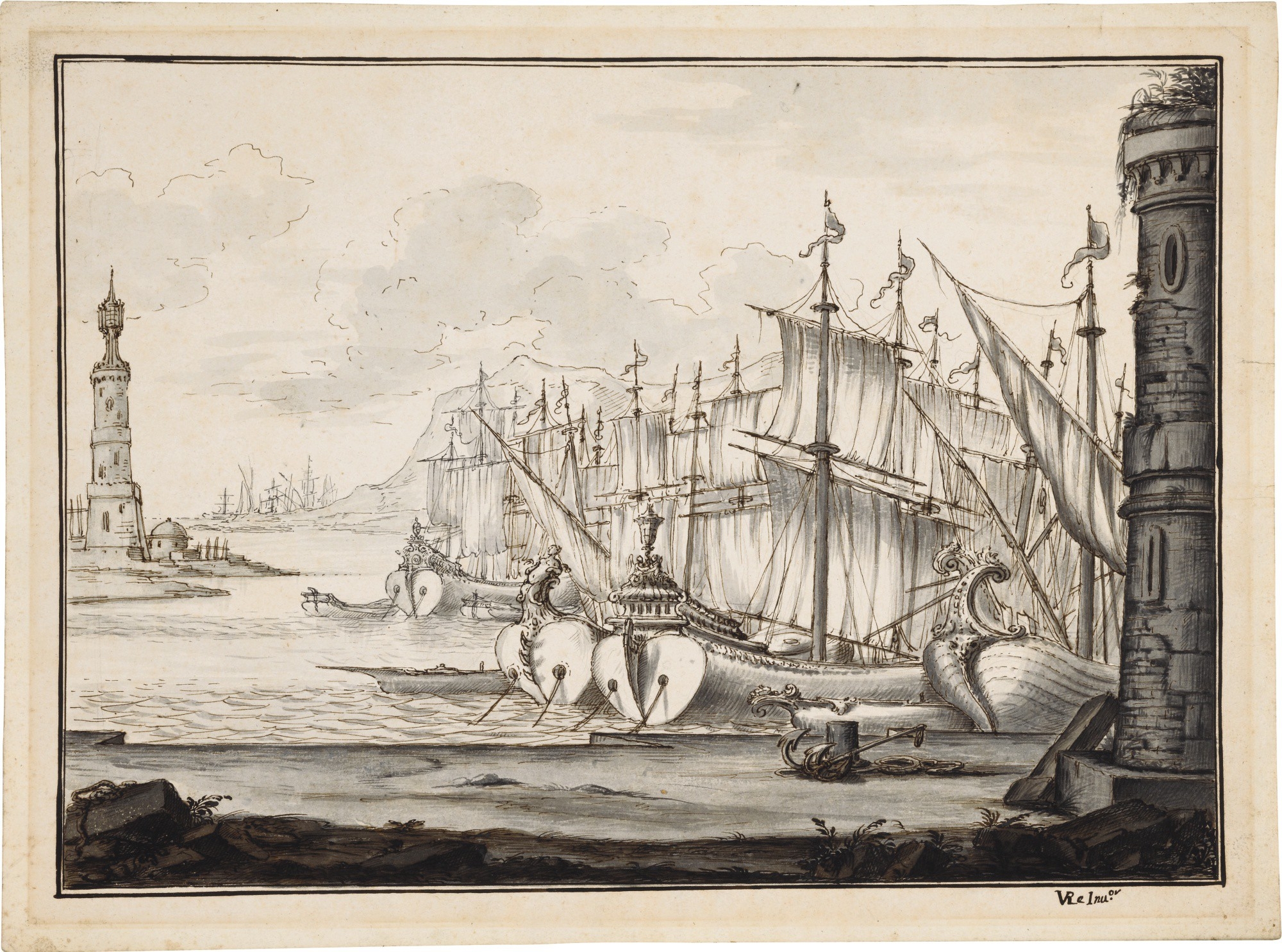 Artwork by Vincenzo Dal Re, TWO STAGE DESIGNS: A) GALLEONS AT ANCHOR NEAR A TOWER B) A SMITHY IN THE RUINS OF A CELLAR, Made of Pen and brown ink and gray wash over black chalk