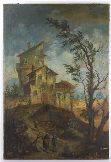 Stone house with columns, figure walking up the hill by Italian School, 18th Century