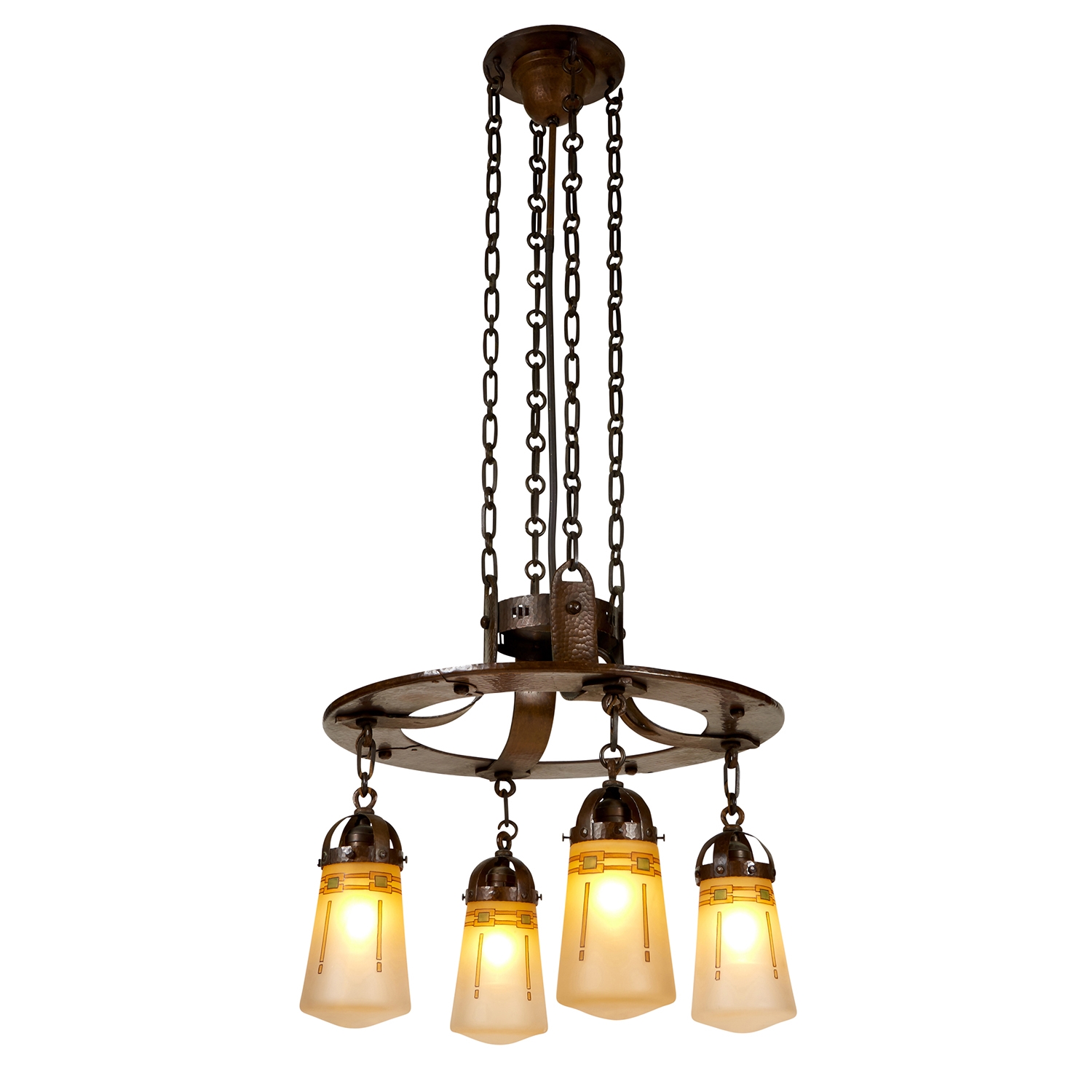 Handel Lamp Company | hanging four-light fixture with shades | MutualArt