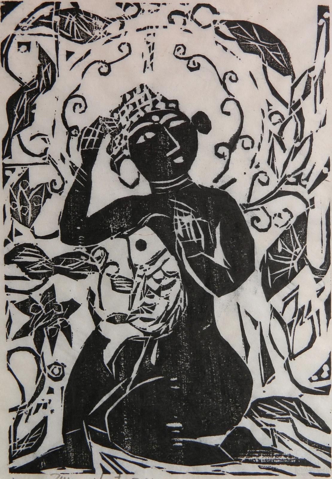 Artwork by Shiko Munakata, Fish and Flower and Female Buddha, Made of woodcut