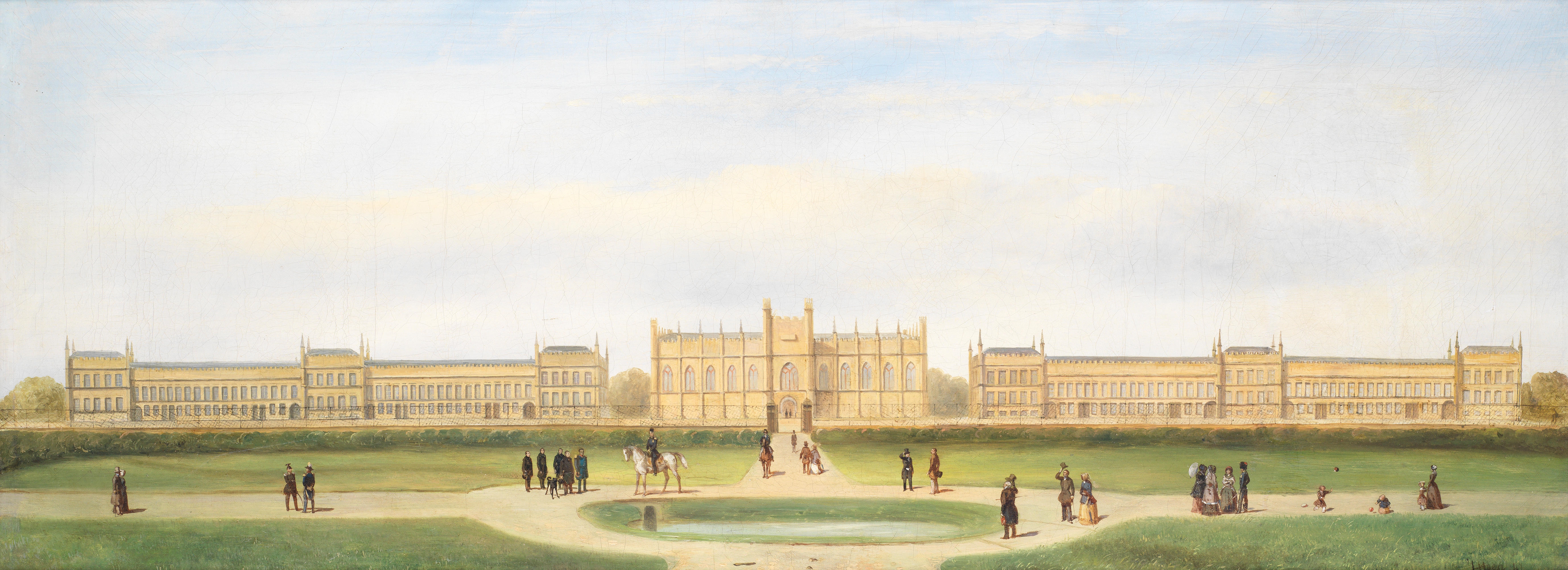Artwork by L. Hoen, A panoramic view of a German neo-Gothic palace with a figure on horseback being saluted by uniformed officers, and with elegant figures promenading in a park, Made of oil on canvas