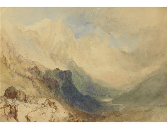 Artwork by Joseph Mallord William Turner, Mont-Blanc and the Allée Blanche from near the Col de la Seigne, France, Made of watercolor heightened with bodycolor and with scratching out