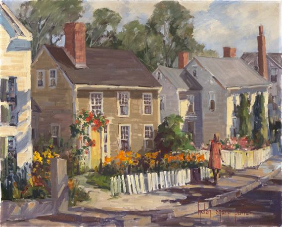 A sunlit street scene with colorful houses and a person walking away.
