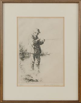 Etching of a gentleman tying a fishing fly - Gordon Stevenson