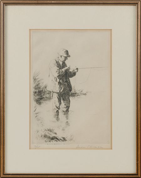 Etching of a gentleman tying a fishing fly - Gordon Stevenson