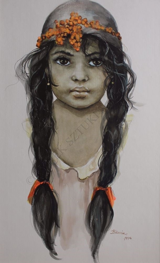 Artwork by Danuta Muszyńska-zamorska, Portret dziewczynki z warkoczami, Made of watercolor, crayon, paper