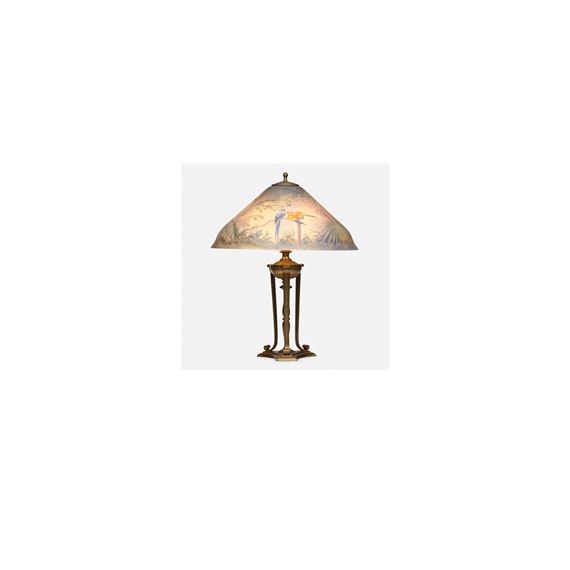 Carlisle table lamp with macaw parrots; USA, c. by Pairpoint Glass Company, circa 1920