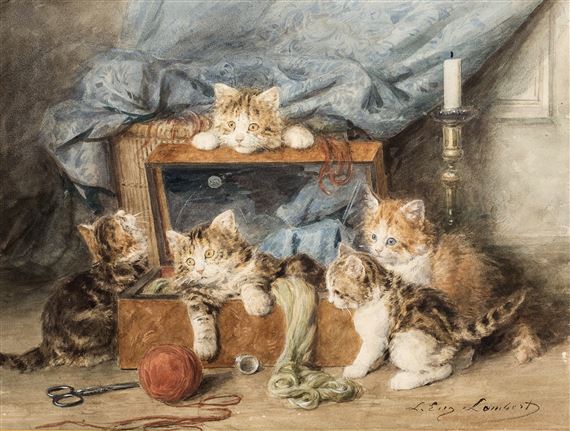 Louis Eugène Lambert | Cinq chats jouant avec une pelote de laine |  MutualArt