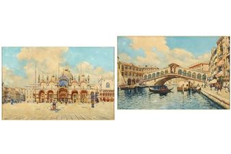 Two Works: Rialto Bridge and St. Mark's Plaza, Venice - Emilio Boni