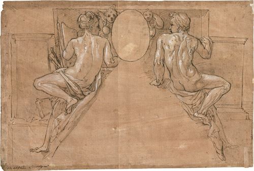 Entwurf für eine Supraporte mit zwei Rückenfiguren by Italian School, 16th Century