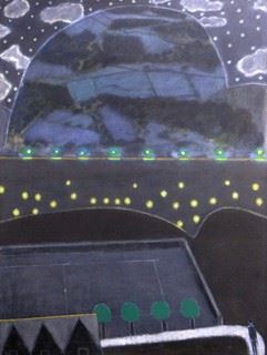 Solitary standing figure at night time in surreal landscape with football pitch, buildings and an aerial view of fields by Ernest Zobole