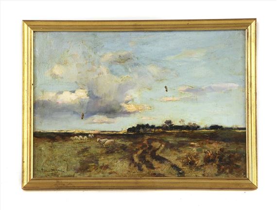 FIGURES WITH SHEEP IN A LANDSCAPE;  A LANDSCAPE WITH SHEEP AND DISTANT BUILDINGS by Joe Milne, 1891