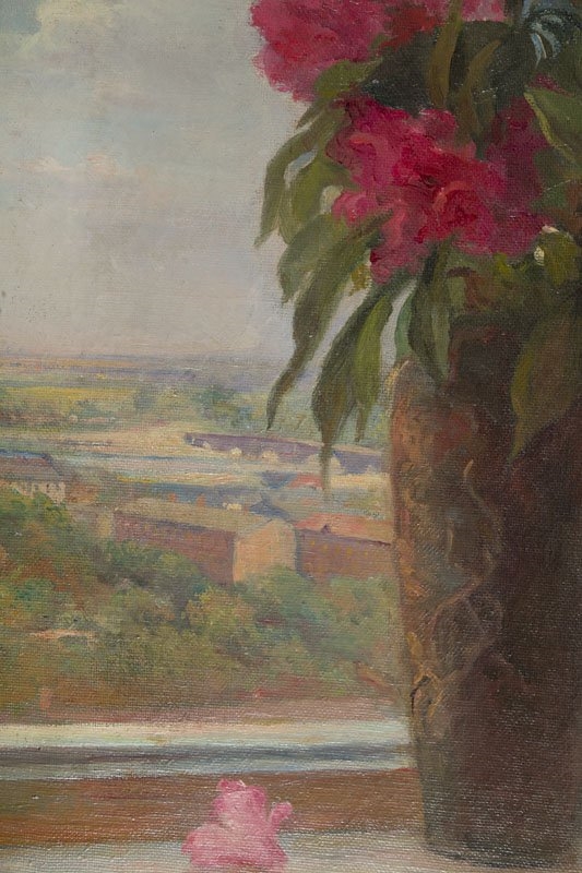 Artwork by Emilia Wylezynska, Flowers in the window, circa okolo, Made of oil/canvas