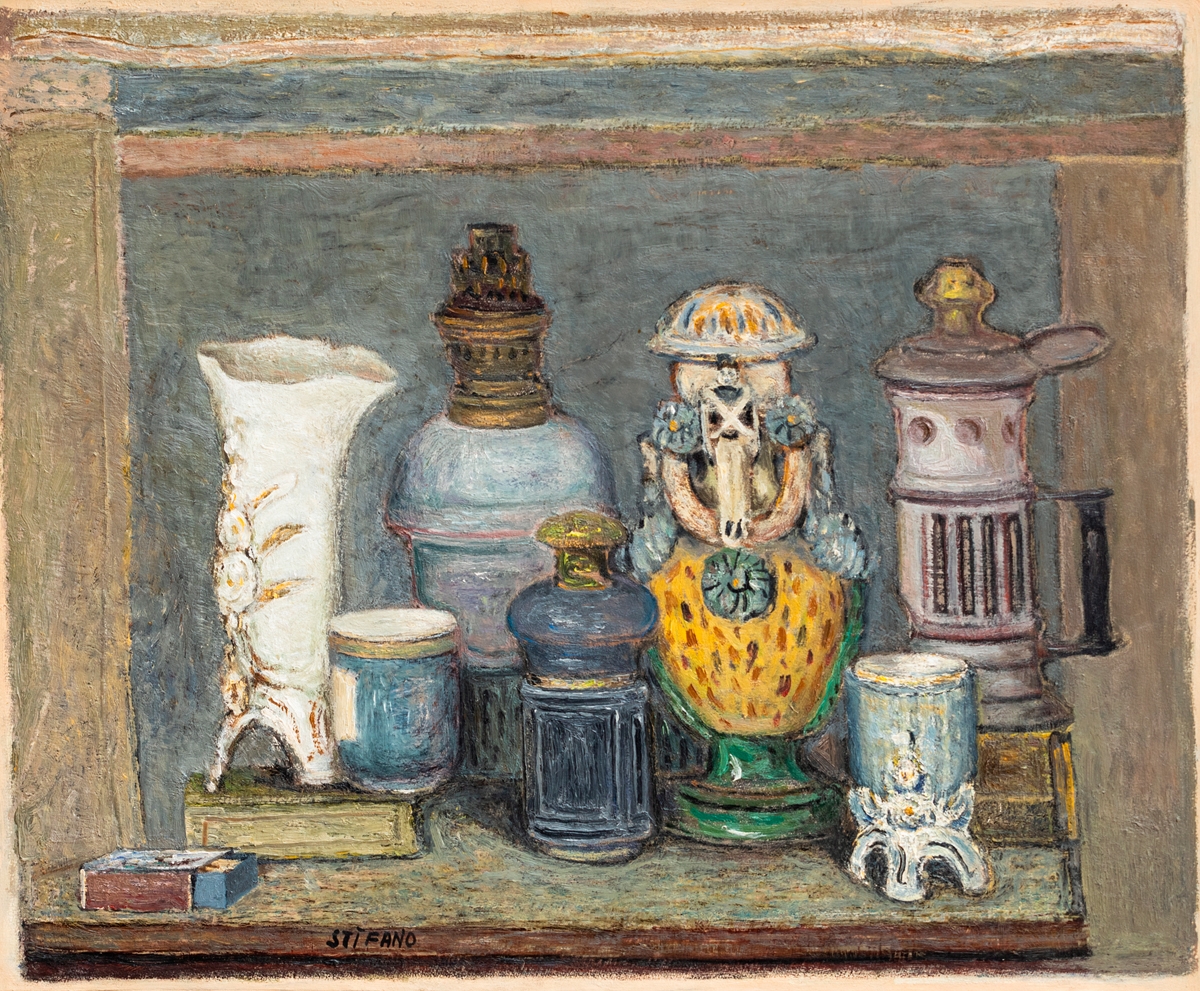 Artwork by Vito Stifano, Natura morta con vaso bianco, Made of oil on canvas paper