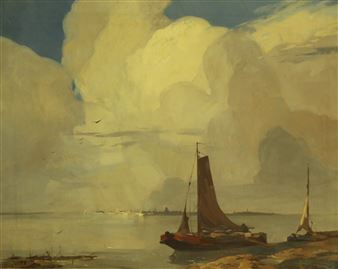 Boten aan de waterkant, een Hollandse stad aan de horizon - Adriaan J. van't Hoff