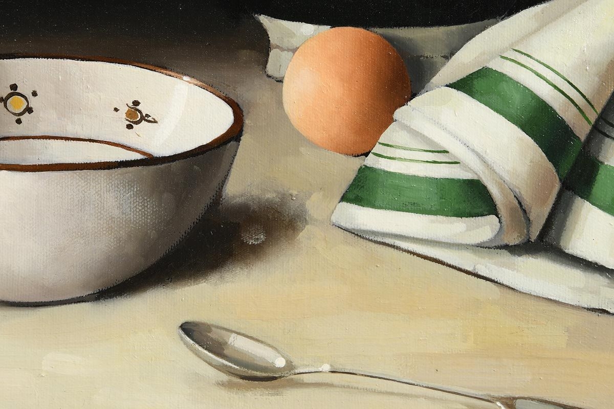 Artwork by David French le Roy, Still Life with Jug, Bowl and Egg, Made of oil on board
