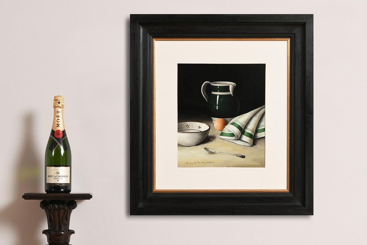 Artwork by David French le Roy, Still Life with Jug, Bowl and Egg, Made of oil on board