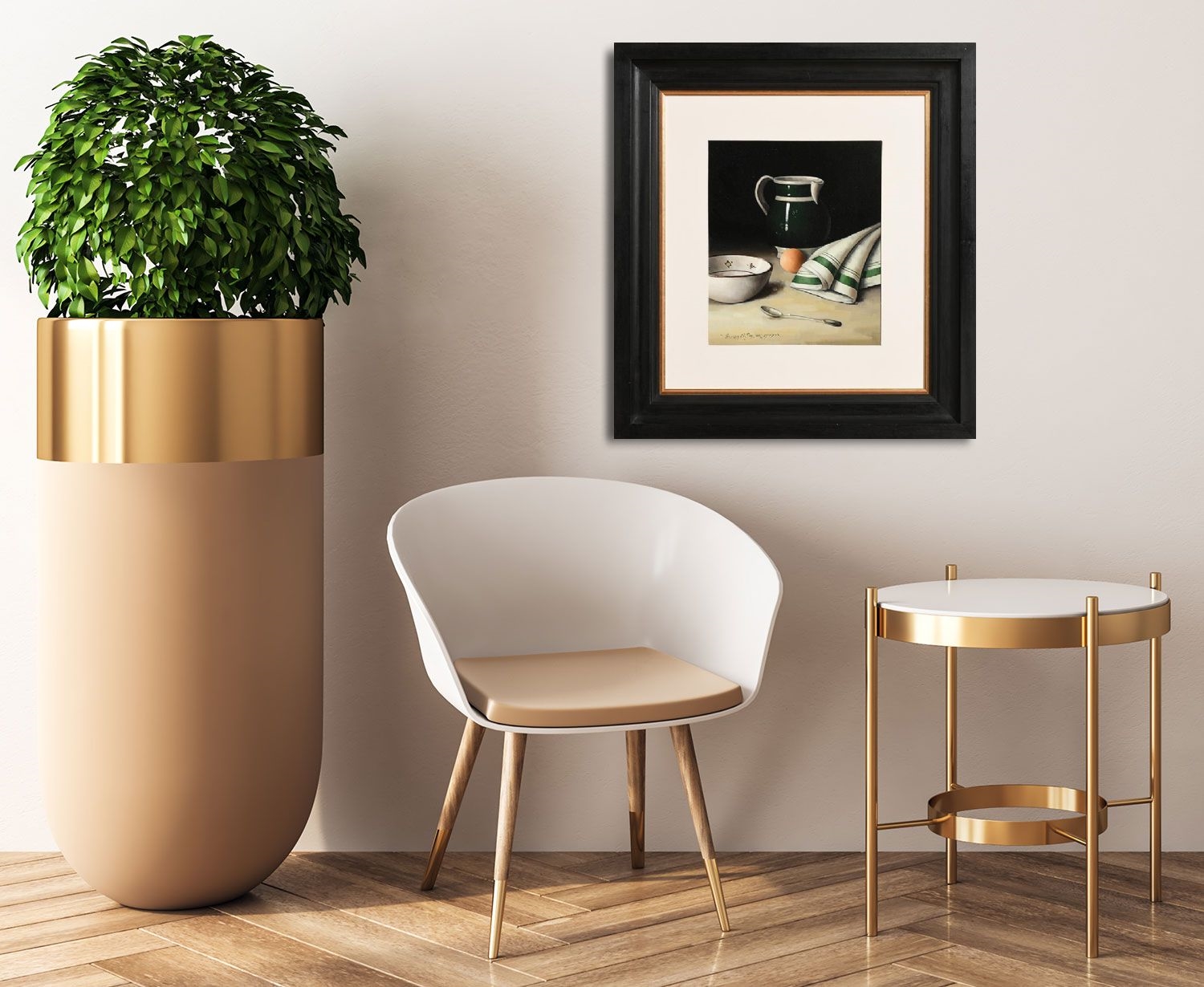 Artwork by David French le Roy, Still Life with Jug, Bowl and Egg, Made of oil on board