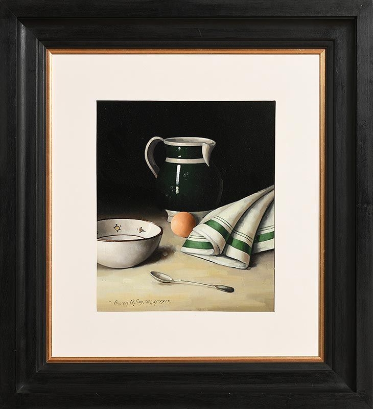 Artwork by David French le Roy, Still Life with Jug, Bowl and Egg, Made of oil on board