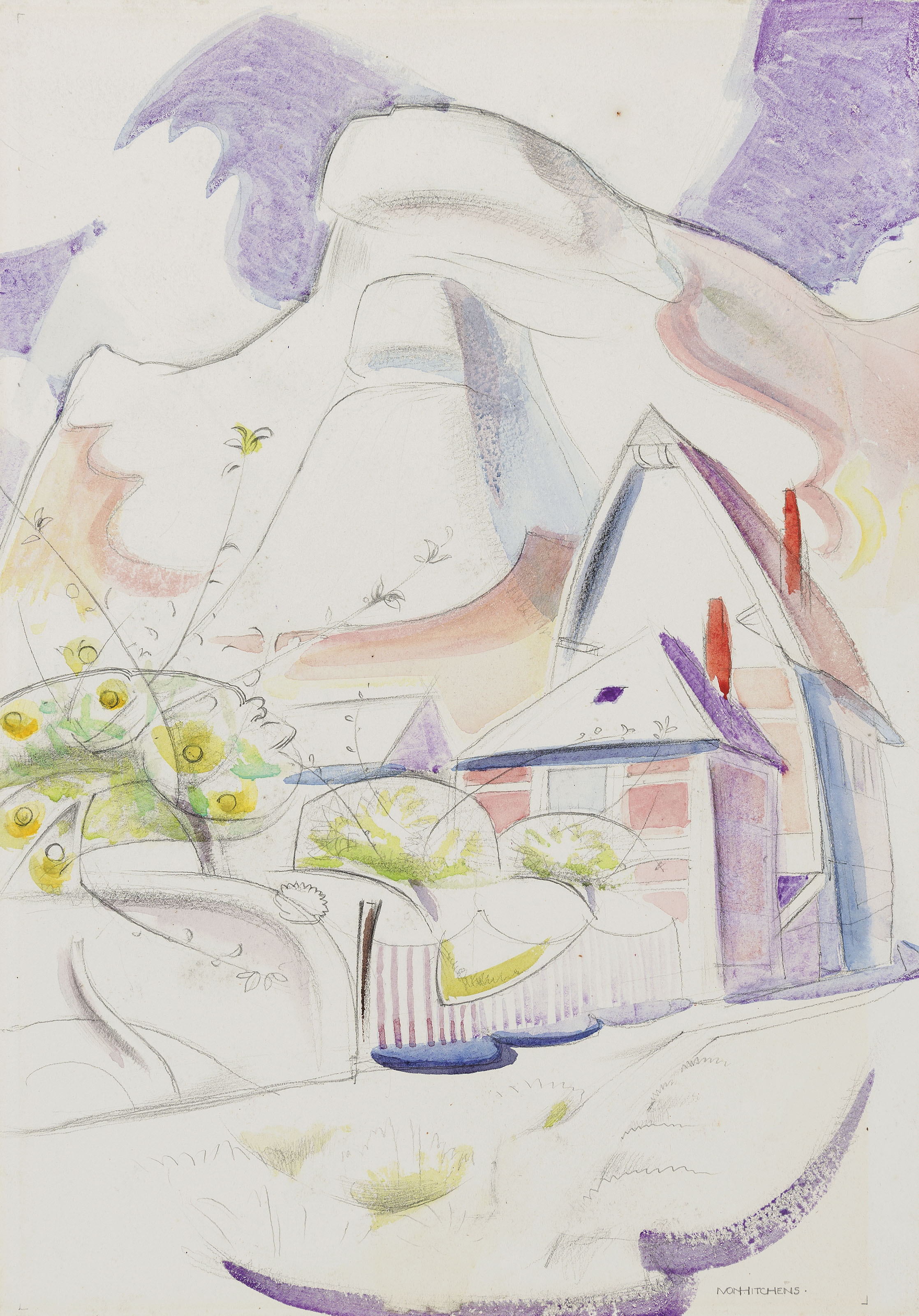 Artwork by Ivon Hitchens, Red House and Chalk Cliffs, France, Made of pencil, watercolour and gouache on paper
