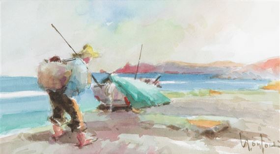 FISHER ON THE BEACH by Spanish School, 20th Century, Juan Monfort
