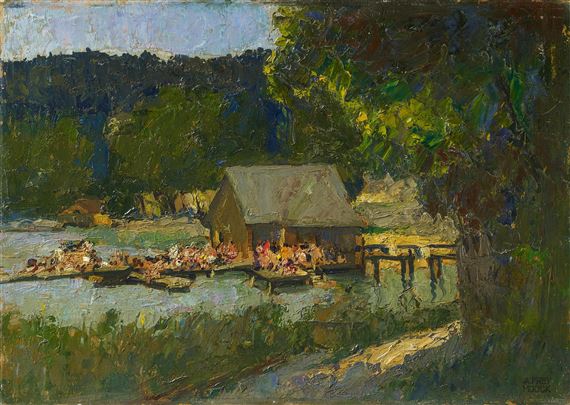 Bathers on the Bathing Jetty of a Bavarian Lake by Adolf Frey-Moock