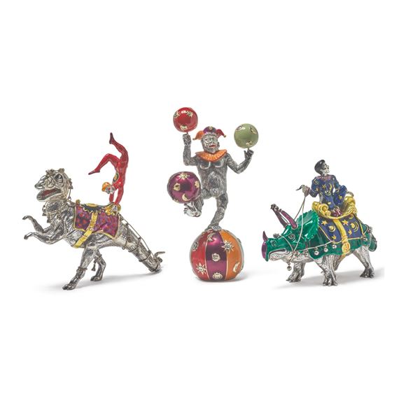 DINOSAURS: A GROUP OF SILVER AND ENAMEL CIRCUS FIGURES, DESIGNED BY GENE MOORE FOR TIFFANY & CO., NEW YORK
