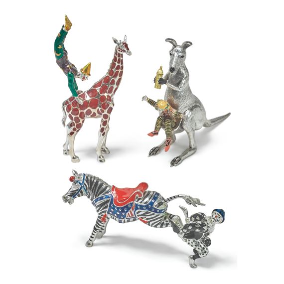 ANIMALS AND CLOWNS: A GROUP OF SILVER AND ENAMEL CIRCUS FIGURES, DESIGNED BY GENE MOORE FOR TIFFANY & CO., NEW YORK