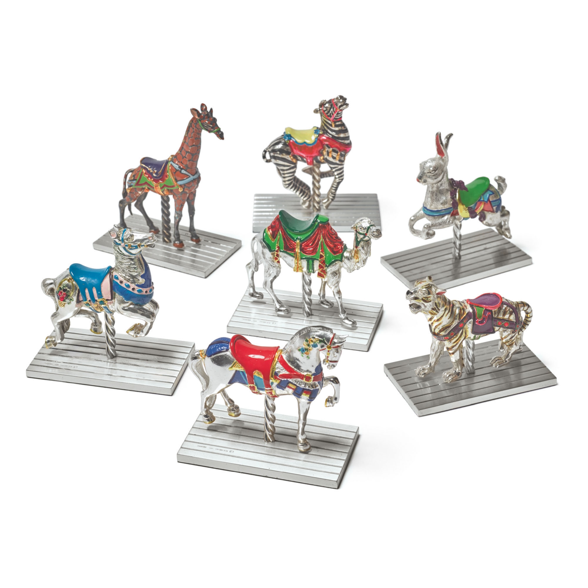 Artwork by Gene Moore, A GROUP OF SEVEN SILVER AND ENAMEL CAROUSEL FIGURES, DESIGNED BY GENE MOORE FOR TIFFANY & CO., NEW YORK, Made of SILVER AND ENAMEL