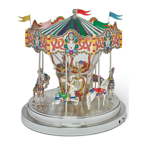 A SILVER AND ENAMEL CAROUSEL, DESIGNED BY GENE MOORE FOR TIFFANY & CO., NEW YORK by Gene Moore, CIRCA 1990