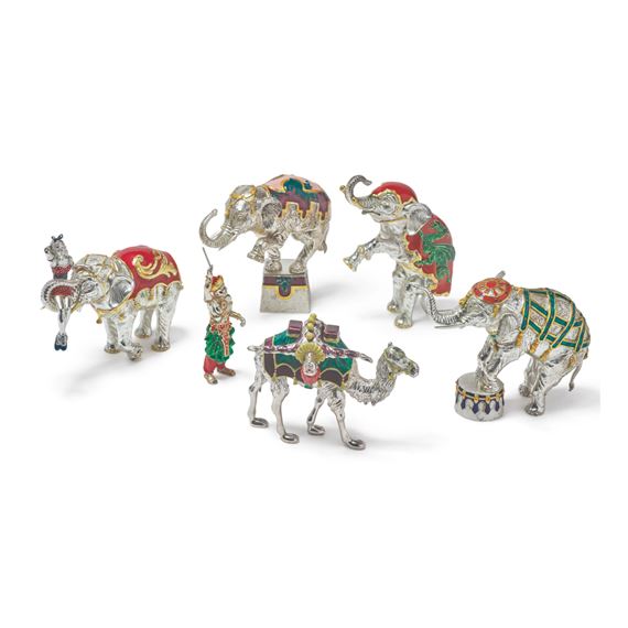 ELEPHANTS AND CAMEL: A GROUP OF SILVER AND ENAMEL CIRCUS FIGURES, DESIGNED BY GENE MOORE FOR TIFFANY & CO., NEW YORK by Gene Moore, CIRCA 1990