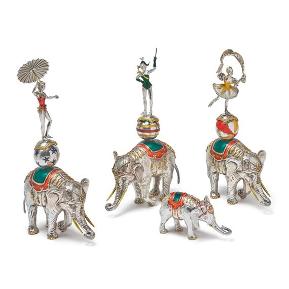 ELEPHANTS: A GROUP OF SILVER AND ENAMEL CIRCUS FIGURES, DESIGNED BY GENE MOORE FOR TIFFANY & CO., NEW YORK