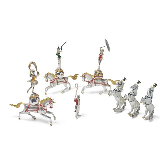 HORSES: A GROUP OF SILVER AND ENAMEL CIRCUS FIGURES, DESIGNED BY GENE MOORE FOR TIFFANY & CO., NEW YORK