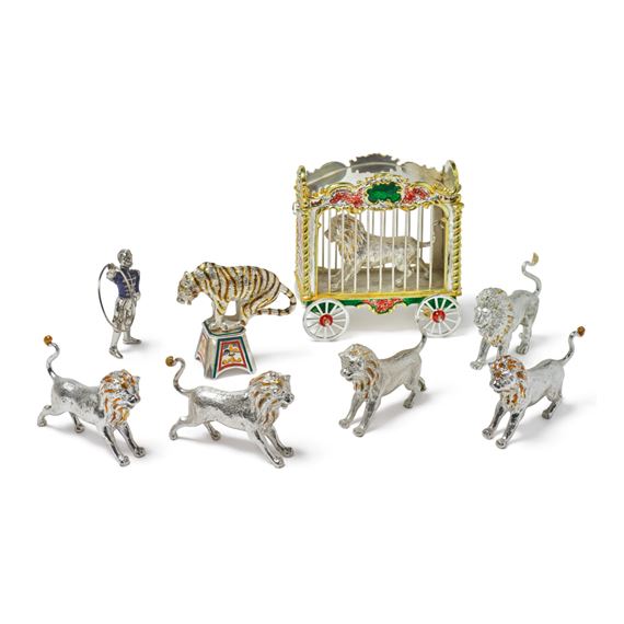 LIONS: A GROUP OF SILVER AND ENAMEL CIRCUS FIGURES, DESIGNED BY GENE MOORE FOR TIFFANY & CO., NEW YORK by Gene Moore, CIRCA 1990