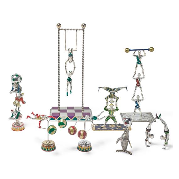 ACROBATS: A GROUP OF SILVER AND ENAMEL CIRCUS FIGURES, DESIGNED BY GENE MOORE FOR TIFFANY & CO., NEW YORK