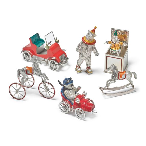 TOYS: A GROUP OF SILVER AND ENAMEL CIRCUS FIGURES, DESIGNED BY GENE MOORE FOR TIFFANY & CO., NEW YORK by Gene Moore, CIRCA 1990