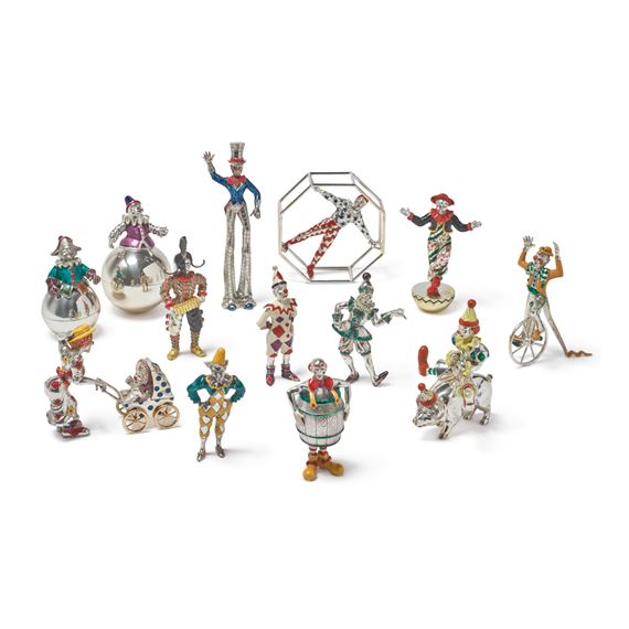 CLOWNS: A GROUP OF SILVER AND ENAMEL CIRCUS FIGURES, DESIGNED BY GENE MOORE FOR TIFFANY & CO., NEW YORK