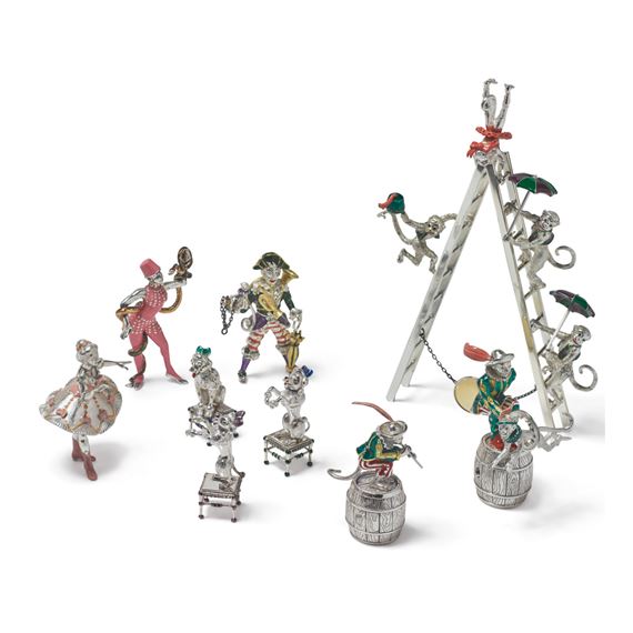 ANIMAL TRAINERS: A GROUP OF SILVER AND ENAMEL CIRCUS FIGURES, DESIGNED BY GENE MOORE FOR TIFFANY & CO., NEW YORK