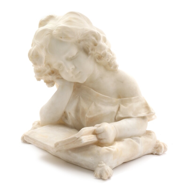 Galileo Pochini | A carved white alabaster bust of a reading girl ...