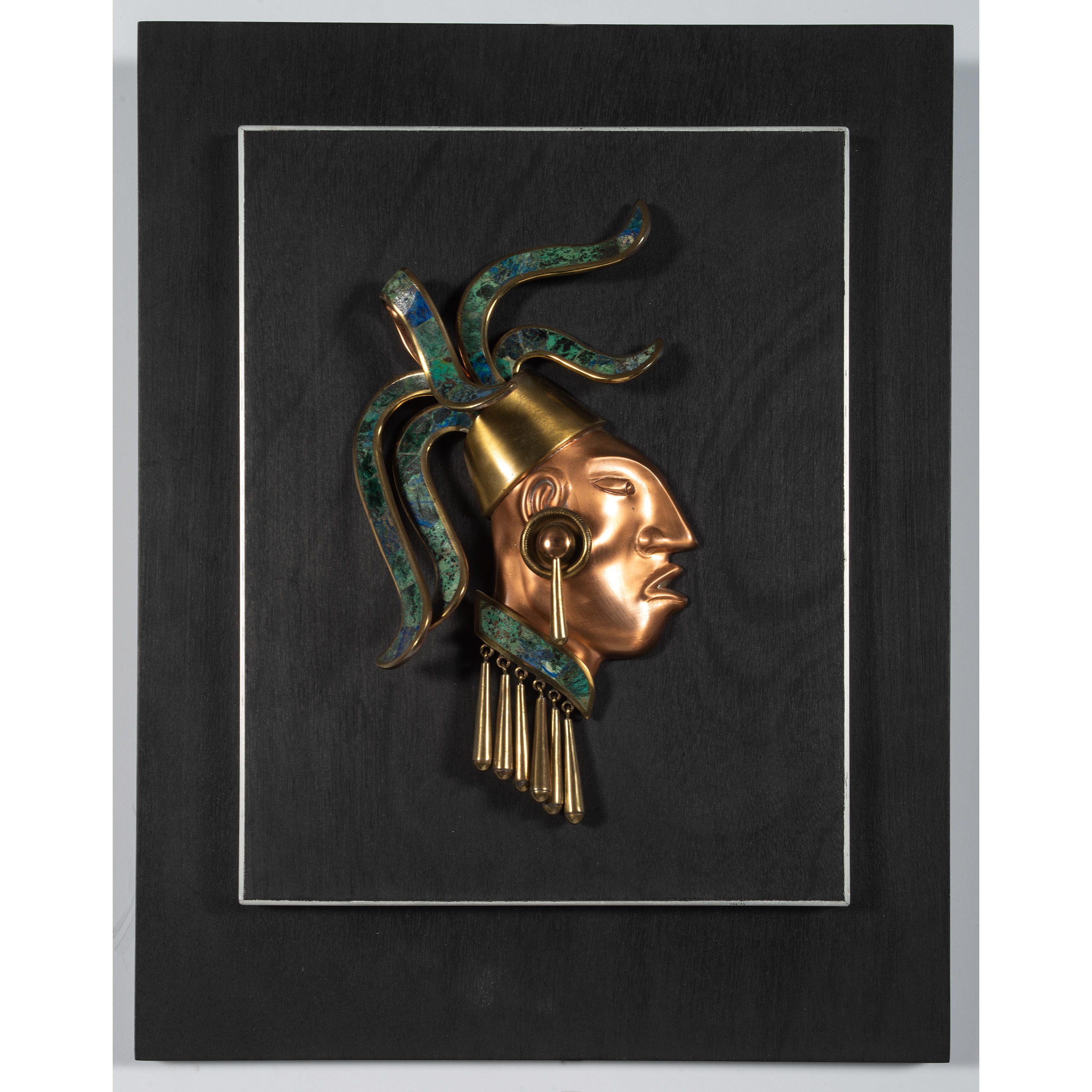 Artwork by Los Castillo, Los Castillo Mayan Figure Sculpture, Made of copper, brass, malachite, onyx