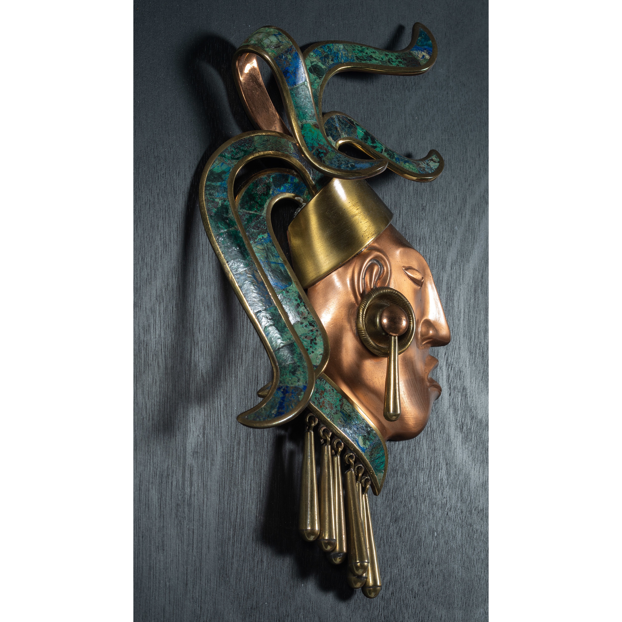 Artwork by Los Castillo, Los Castillo Mayan Figure Sculpture, Made of copper, brass, malachite, onyx