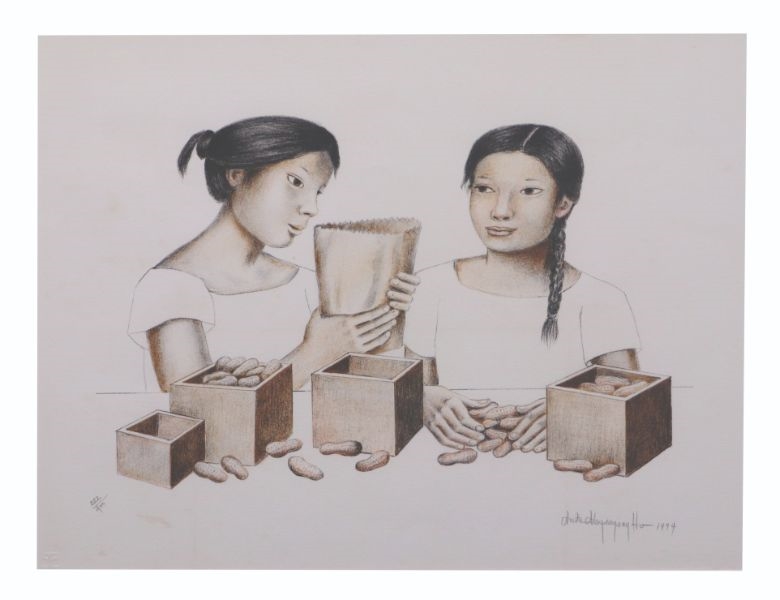 Artwork by Anita Magsaysay-Ho, Two Women with Gantas, Made of print